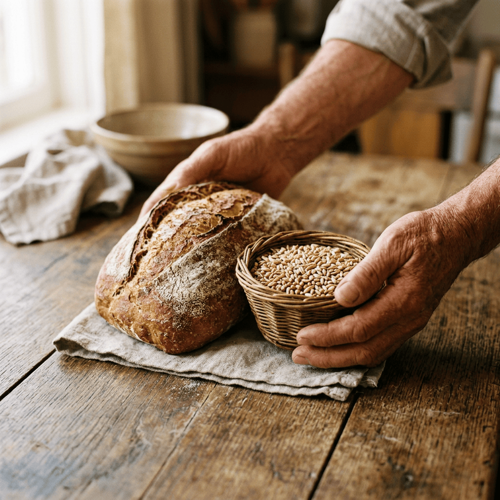 Open hands offering bread and grain