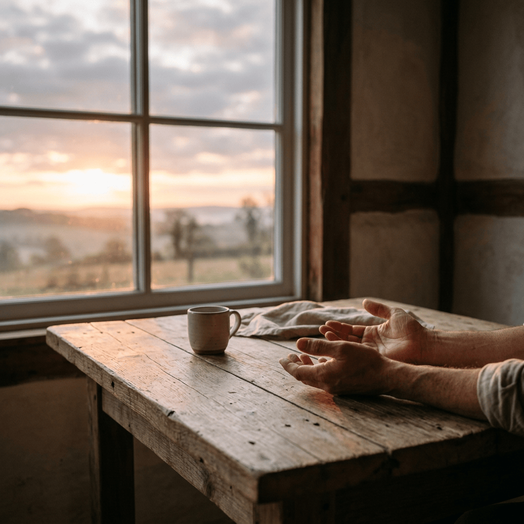 Hands beside a coffee cup on a rustic table overlooking a sunrise