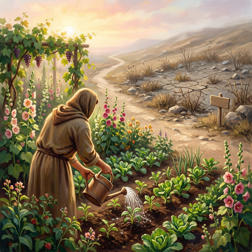 A robed gardener waters crops beside a flowering garden and dry landscape