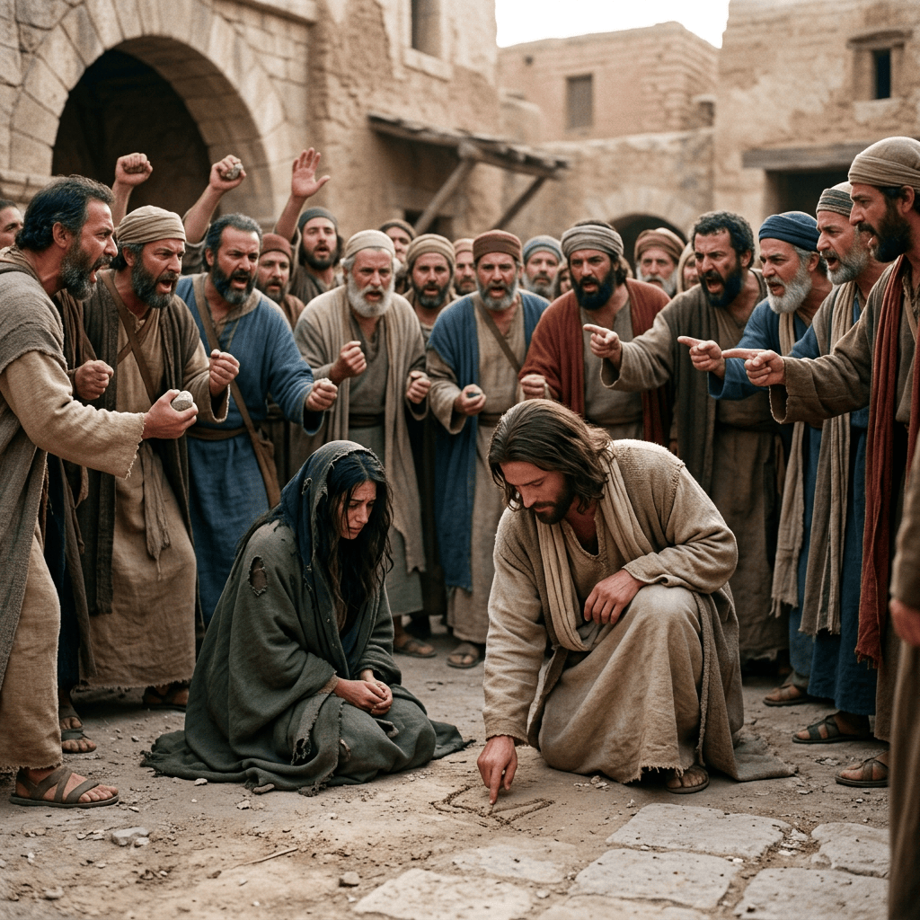 A robed man writes on the ground while a crowd watches