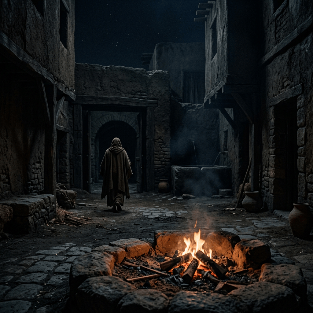 Cloaked figure walking through a stone courtyard past a fire at night